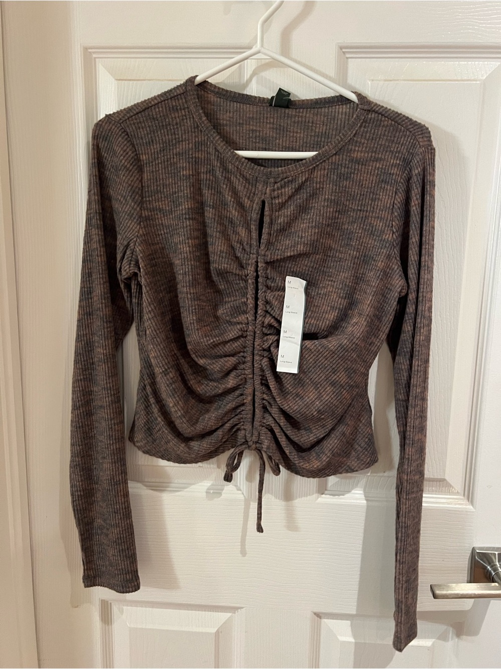 wild fable Brown Ribbed Long-Sleeve Ruched Top